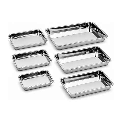 Keling KL-TC077 stainless steel trays in five sizes showing polished surface