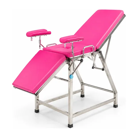 Keling KL-2A gynecological examination table with pink PU upholstery, leg boards and stainless steel frame