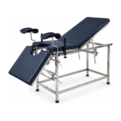 Keling KL-3A gynecological examination table with dark blue PU upholstery and stainless steel frame, leg boards extended