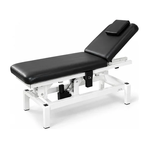 Keling KL-BC120 electric examination table with black PU upholstery, backrest raised and white frame