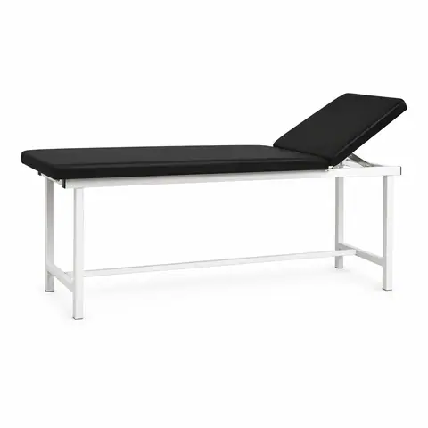 Keling KL-BC121 examination table with black PU upholstery and backrest raised, white powder-coated steel frame