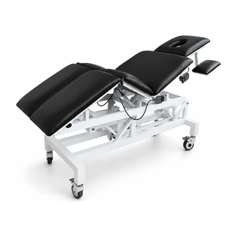 Keling KL-BC127 electric physiotherapy table with black upholstery showing back and leg sections in use