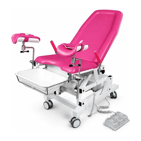 Keling KL-FA-IV electric gynecological examination table in pink with leg supports, tray and foot control