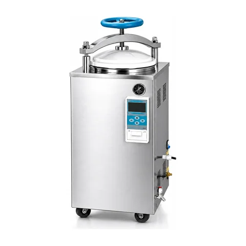 Keling KL-ST002 vertical autoclave front view showing digital panel and caster-mounted stainless steel body