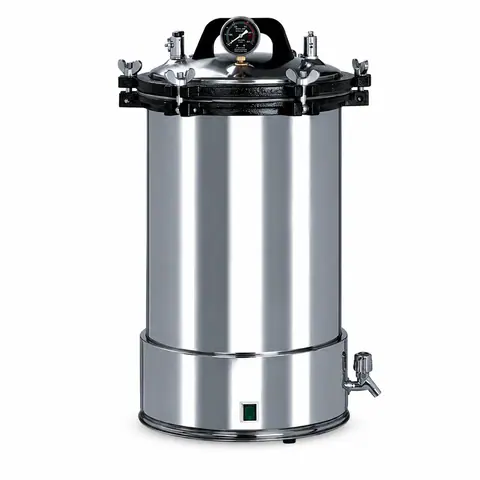 Keling KL-ST003 cylindrical stainless steel portable autoclave front view showing pressure gauge and lid