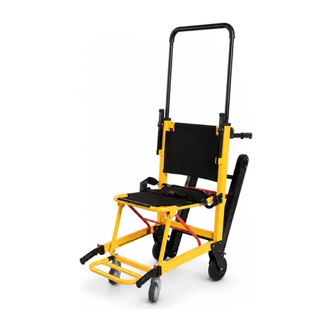 Keling KL-MS009 yellow manual stair stretcher in upright chair configuration and folded position