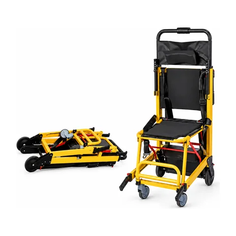 Keling KL-MS010 yellow electric stair stretcher in upright chair mode and folded position
