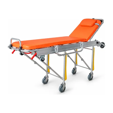 Keling KL-MS020 ambulance stretcher with orange cushion and aluminum frame angled view