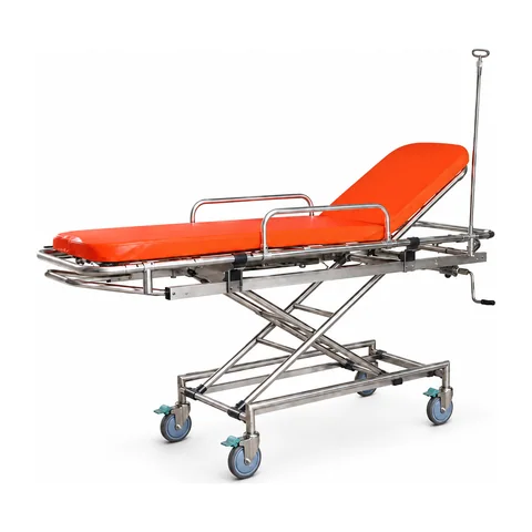 Keling KL-MS023 stainless steel ambulance stretcher with orange mattress and IV pole
