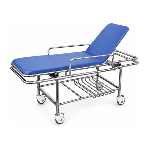 Keling KL-PT001 stainless steel patient transport trolley with blue mattress angled view
