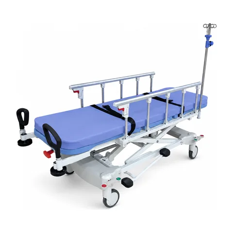 Keling KL-PT002 hydraulic patient transport trolley with blue mattress and IV pole