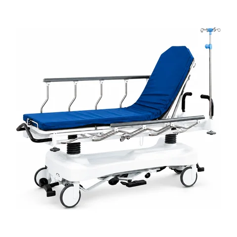 Keling KL-PT005 extended patient transport trolley with blue mattress, side rails and IV pole