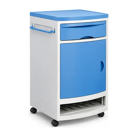Keling KL-CG080 hospital bedside table in blue, front view with pull-out tray and casters
