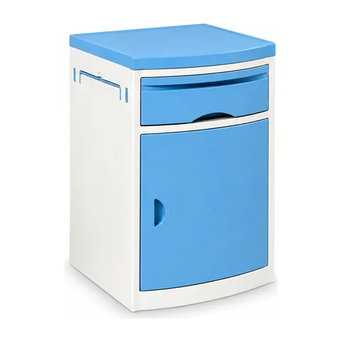 Keling KL-CG081 compact hospital bedside table in white and blue, front view