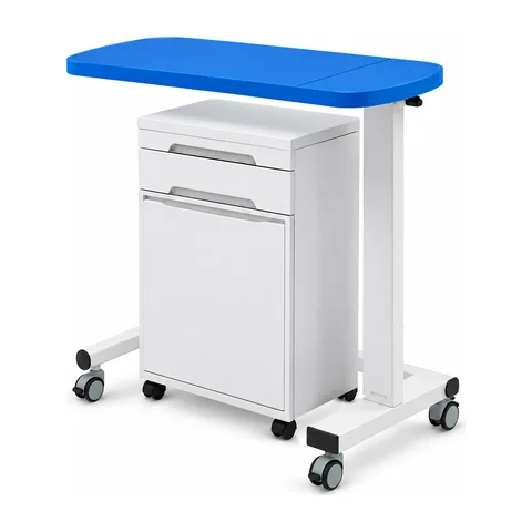 Keling KL-CZ301 overbed table with blue top and integrated cabinet, front view