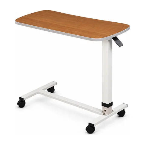 Keling KL-CZ303 overbed table with brown wood-grain tabletop and steel frame on swivel casters