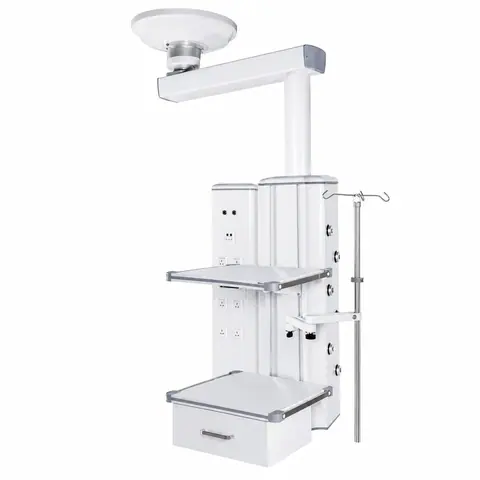 Keling KL-T7103 medical hanging tower with dual trays and IV pole for OR and ICU