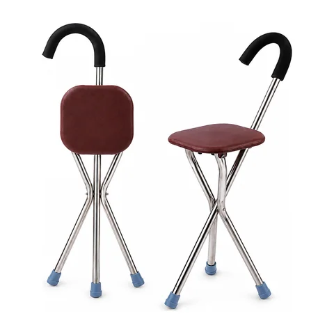 Keling KL-FS904 stainless steel crutch with folding tripod seat deployed and folded views