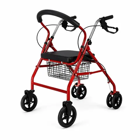 Keling KL-FS907 four-wheel rollator in red showing padded seat, wire basket and hand brakes