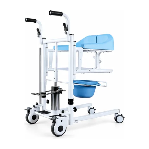 Keling KL-FS910 hydraulic transfer lift in hospital room showing split seat and commode bucket