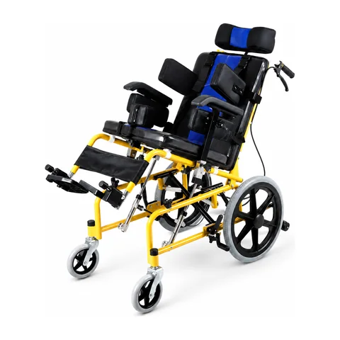 Keling KL-LY007 cerebral palsy positioning wheelchair with yellow frame, headrest, padded seat and 22-inch rear wheels
