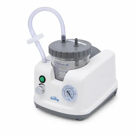 Keling DFX-23A-II compact portable sputum suction machine front view with ABS housing and suction bottle