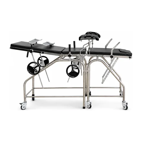 Keling KL-3A stainless steel manual obstetric table full view with leg supports