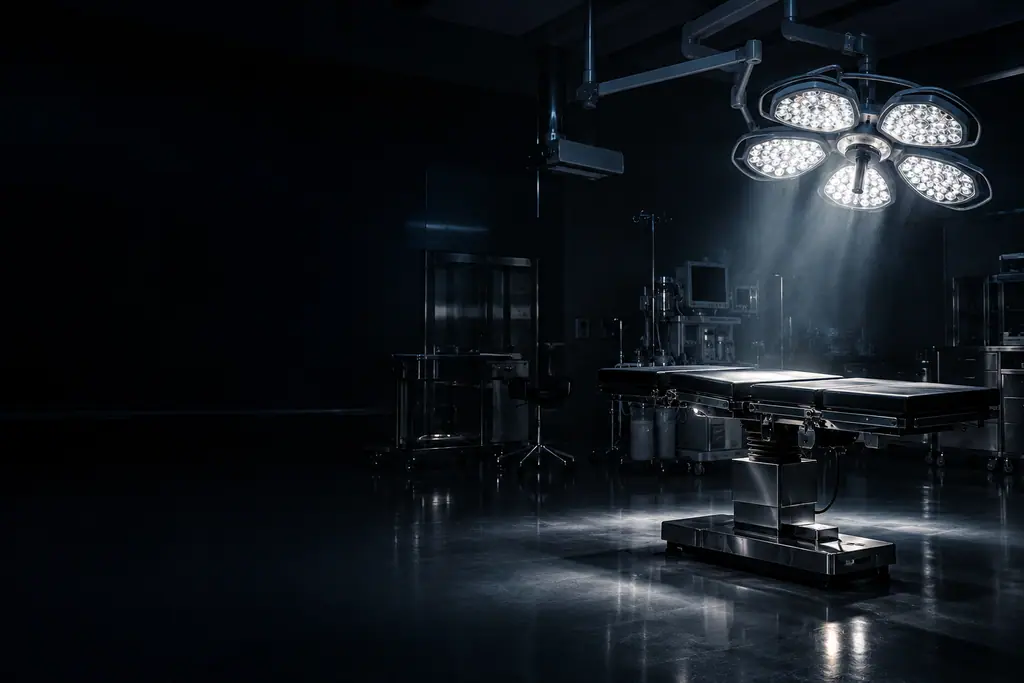 Dark operating theatre lit by a five-petal LED shadowless surgical light above an operating table