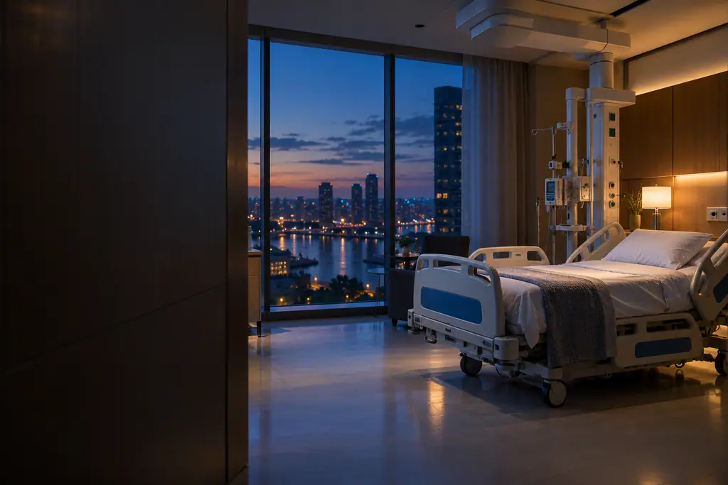 Single-bed hospital room at dusk with an electric hospital bed, a ceiling supply pendant and a city view