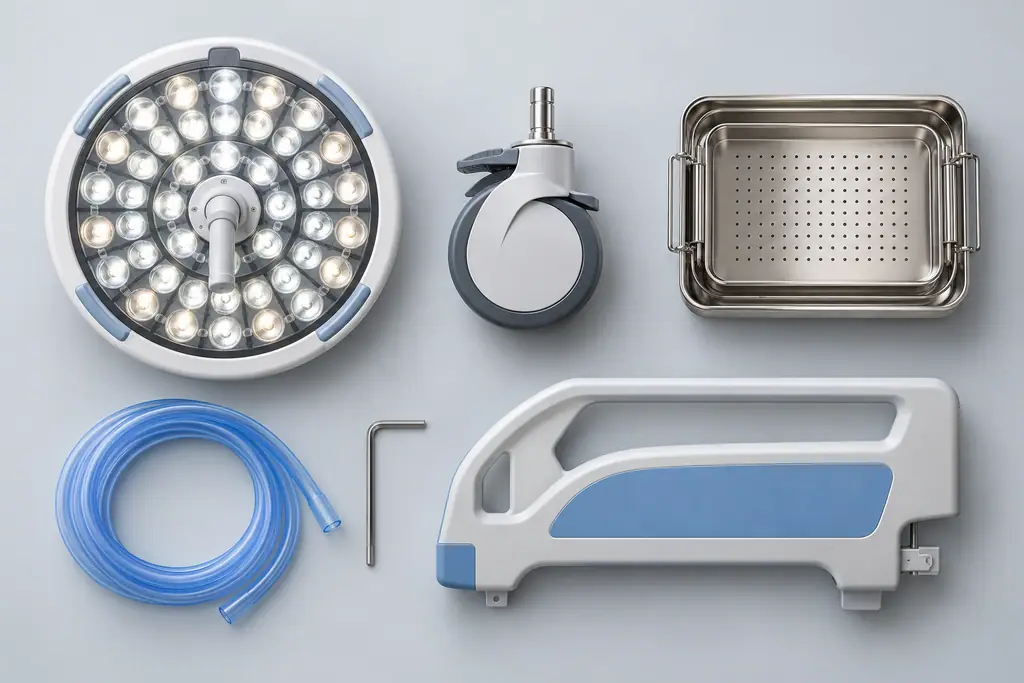 LED surgical light lens module, castor wheel, stainless instrument tray, suction tubing and a bed side-rail laid out on grey