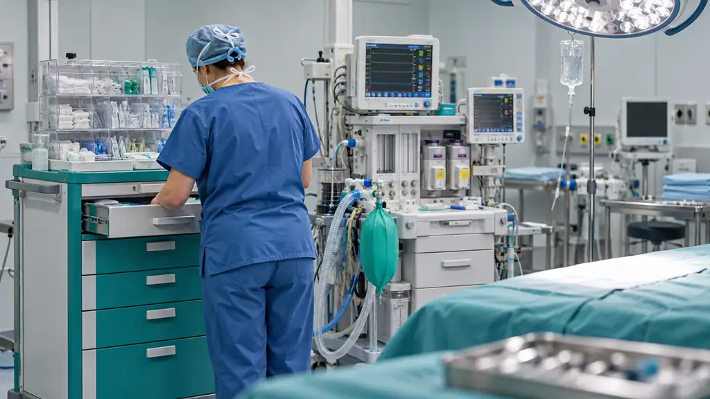 Anesthesia cart with a clear multi-bin top organizer parked beside an anesthesia workstation in an operating room