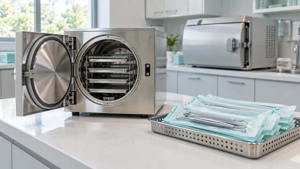 Stainless steel benchtop steam sterilizer with its door open on a clean counter in a dental clinic sterilization room, with wrapped instrument pouches on a tray beside it