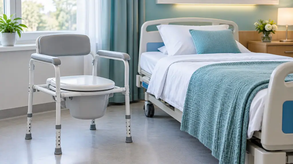 Bedside commode chair with padded armrests and lidded seat placed next to a hospital bed in a bright patient room