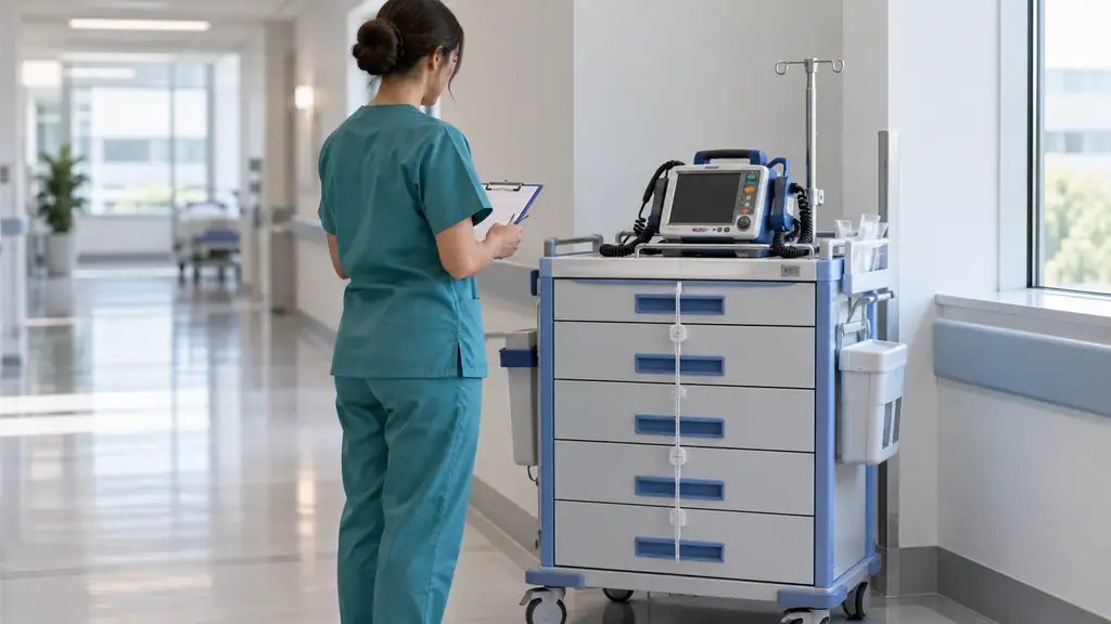 Nurse checking a sealed five-drawer crash cart with a defibrillator on top against a printed checklist on a clipboard