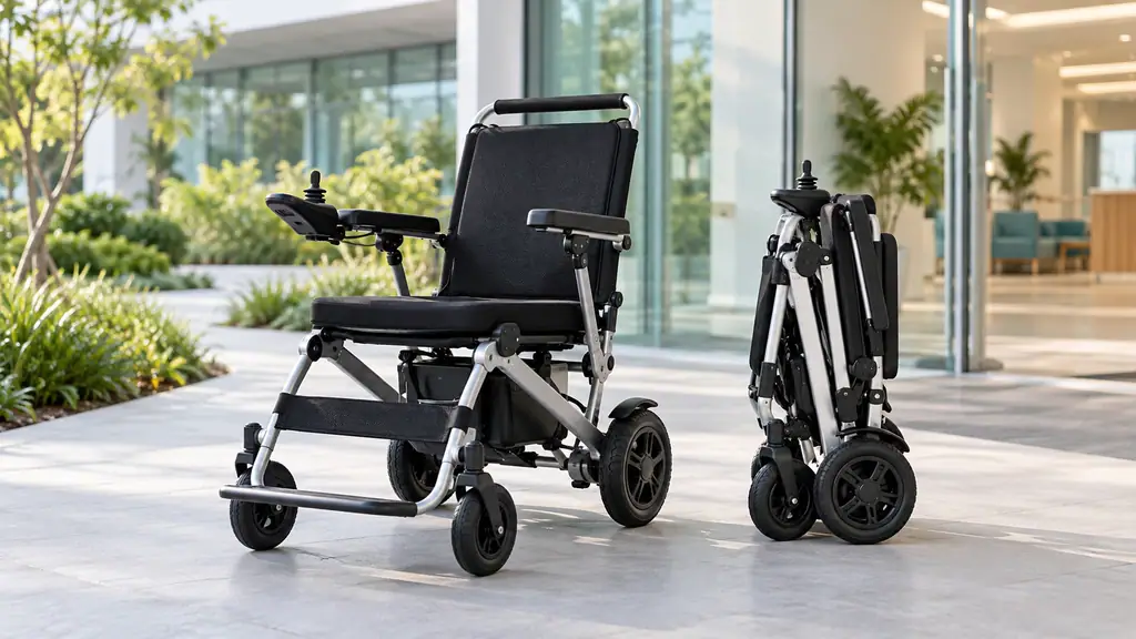Folding electric wheelchair with joystick control standing on a smooth path at the entrance of a modern rehabilitation center