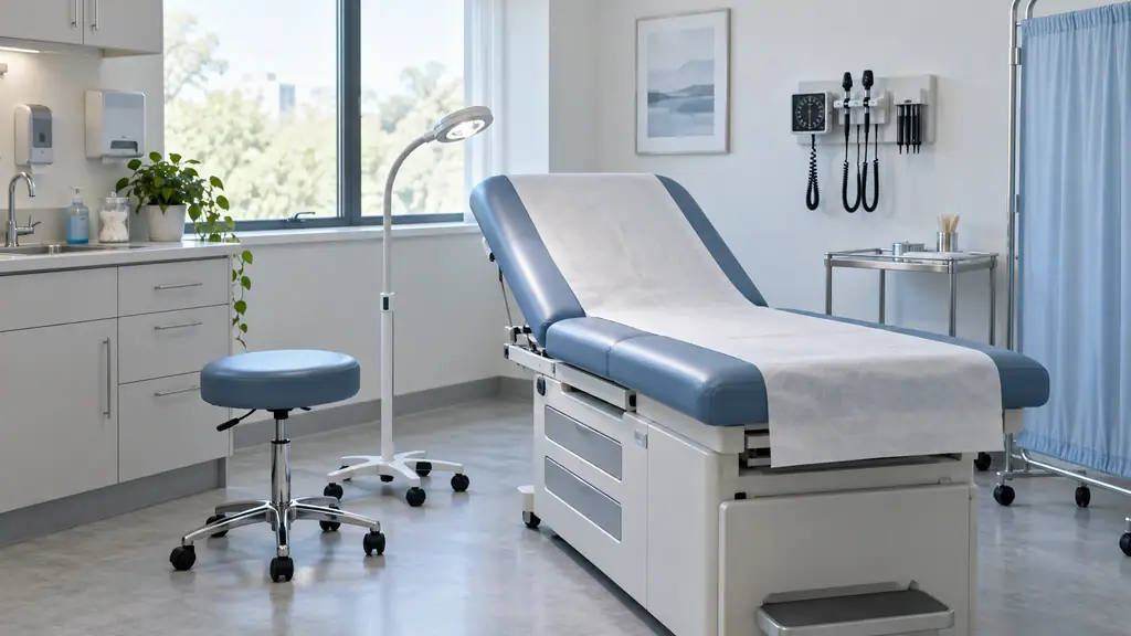 Medical exam table with a raised padded backrest and paper roll in a clean doctor's examination room, with an LED examination lamp and a stool beside it