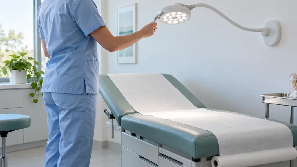 Wall-mounted LED examination light on a flexible arm angled over an examination table in a bright clinic exam room