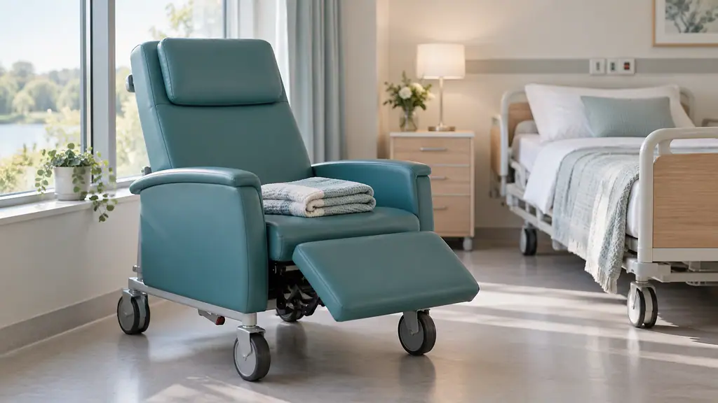 Teal vinyl geri chair recliner on large castors with a footrest raised, beside a window in a long-term care room