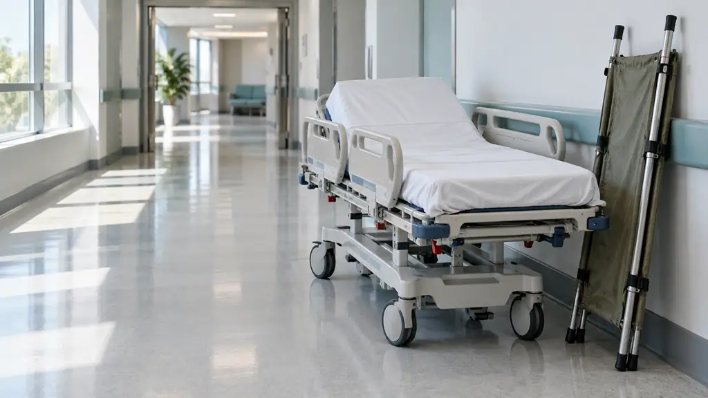 Hospital gurney with raised side rails and backrest next to a folding pole stretcher in a hospital corridor