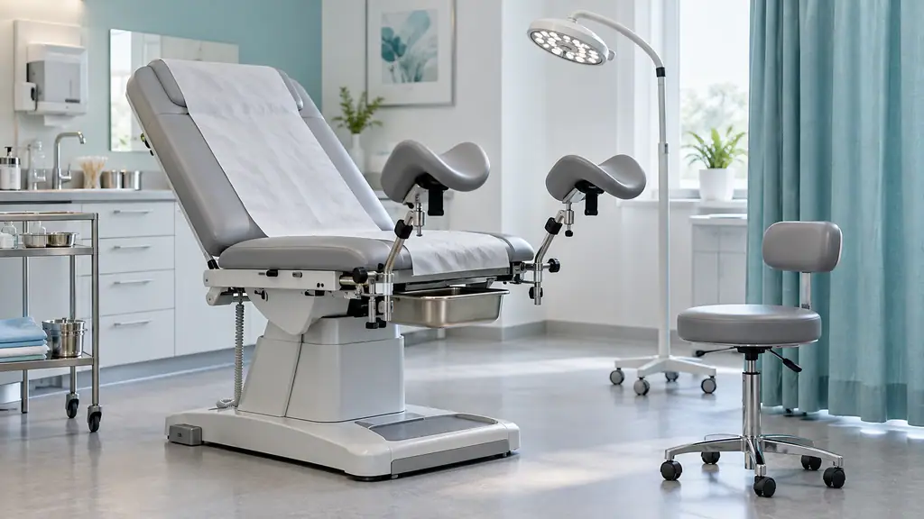 Electric gynecologist chair with padded leg rests in a clean OB/GYN examination room beside an LED examination light and a stool