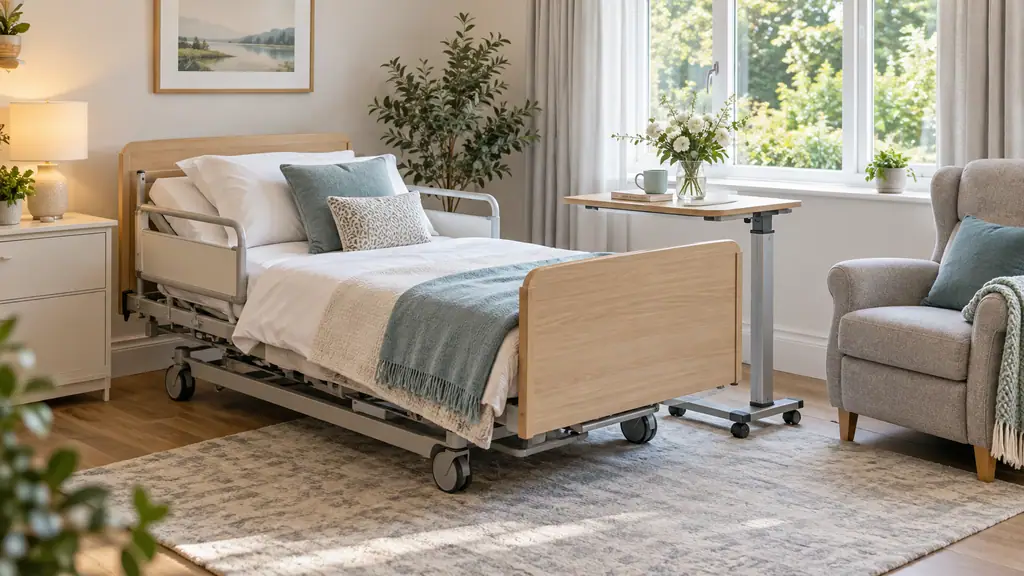 Electric hospital bed for home use set up in a bright living room with wood-effect boards, an overbed table and an armchair beside it