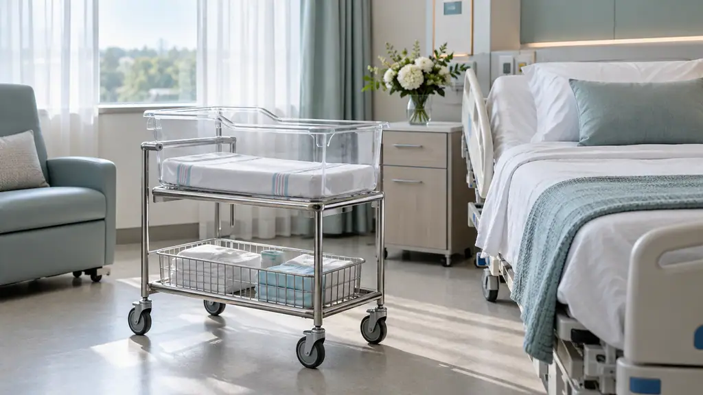 Maternity ward room with a clear acrylic hospital bassinet on a stainless steel wheeled cart beside a mother's bed