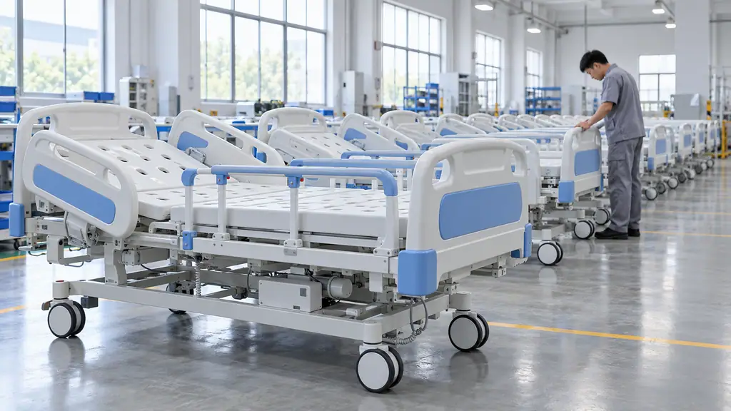 Row of new electric hospital beds lined up in a bright factory inspection area, ready for packing and sale