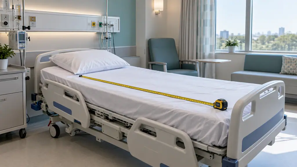 Empty hospital bed in a bright patient room with a tape measure laid along the mattress edge, showing the size of a patient bed