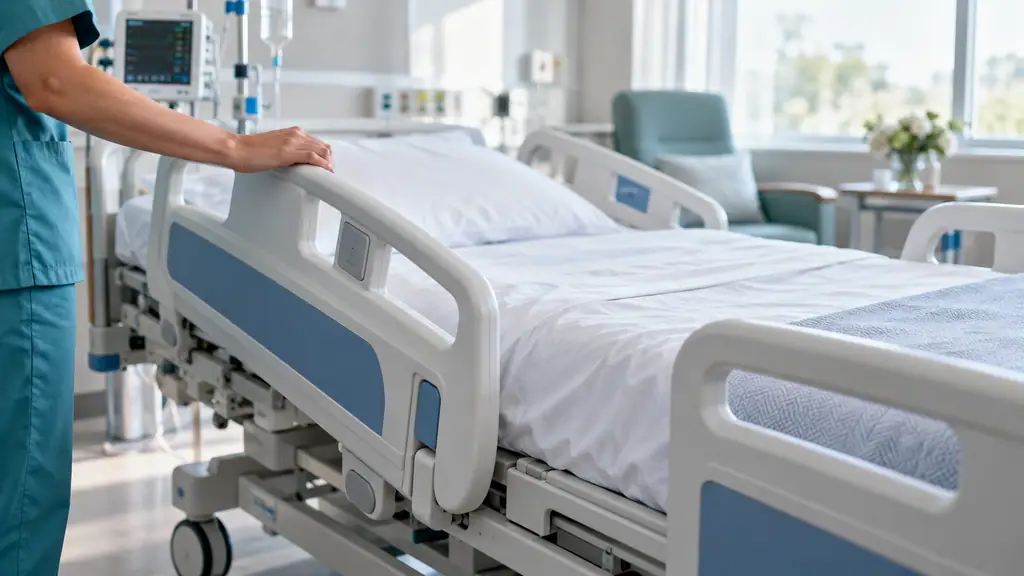 Close-up of raised split side rails on an electric hospital bed in a quiet care room, a common type of bed rails for seniors