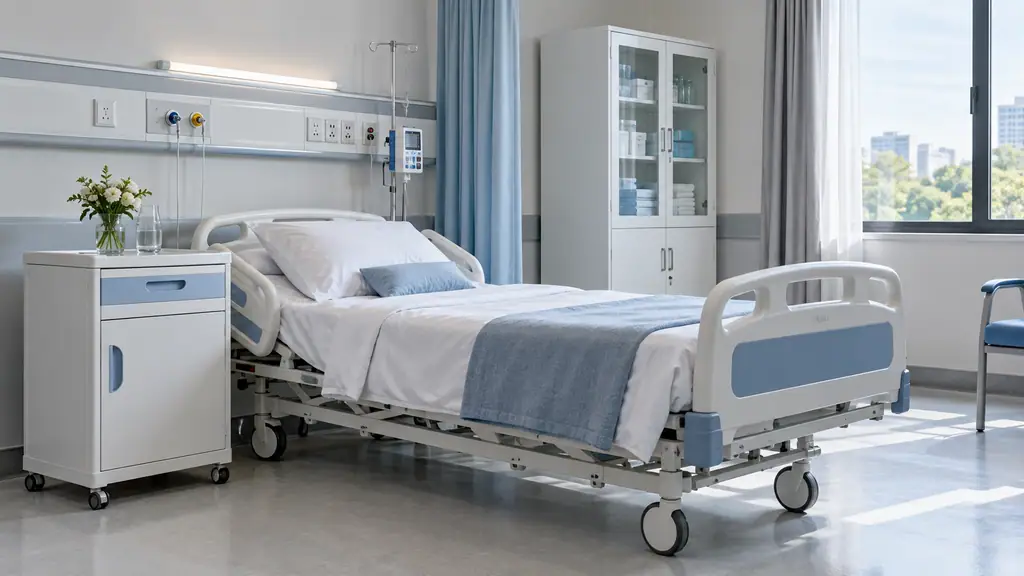 White and blue hospital bedside cabinet with a drawer and lower door on castors next to a made-up ward bed, with a glass-door medical cabinet against the wall