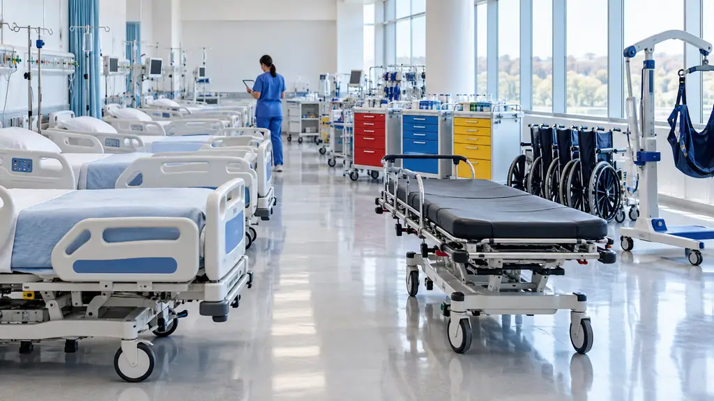 Hospital equipment staging area with hospital beds, a stretcher, wheelchairs, medical trolleys and a patient lift lined up before installation