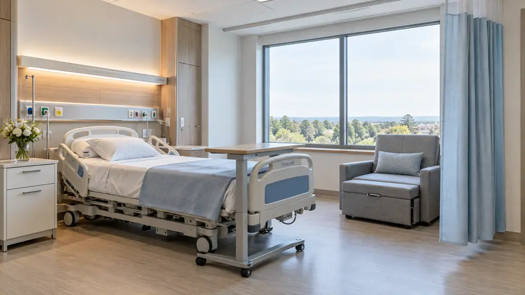 Furnished hospital patient room with an electric bed, bedside cabinet, overbed table, companion chair and privacy curtain