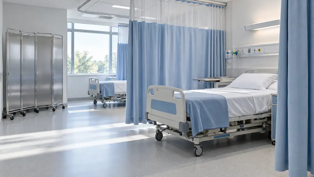 Light blue hospital cubicle curtain with a white mesh top hanging from a ceiling track around a bed, with a folding medical privacy screen nearby