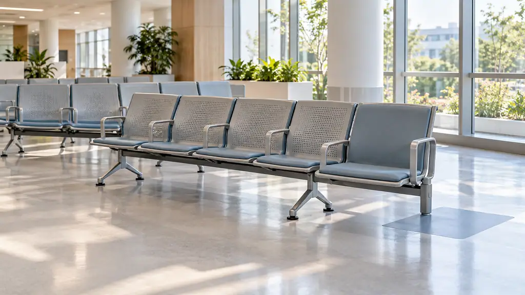 Rows of linked metal waiting room chairs with arms in a bright, modern hospital outpatient waiting area
